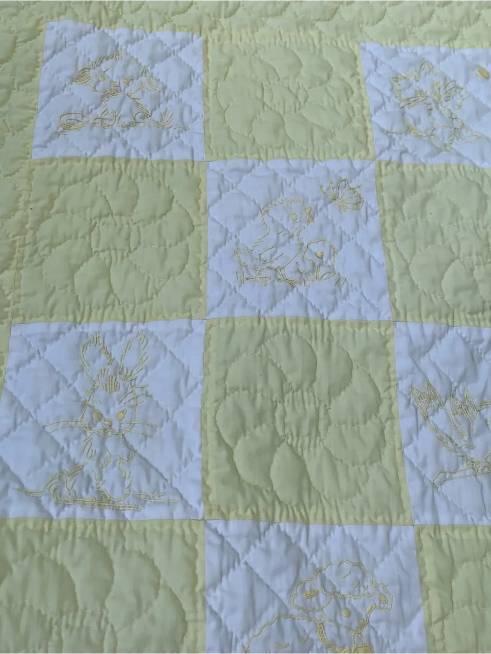 Pink and White Embroidered Baby Quilt - Cute Animal Patchwork handmade vintage